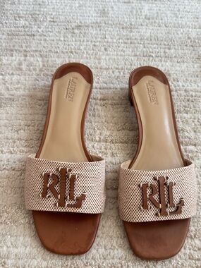 Ralph Lauren Beige & Brown RLL Logo Slide Mules 1inch stacked heel.